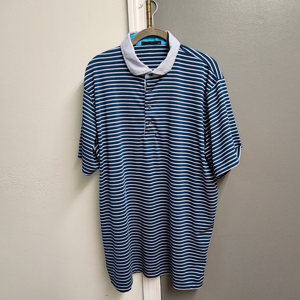 Greyson Golf Polo Shirt Mens XL Performance Stretch Blue White Stripes